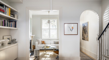 Porebski Architects  – Highly Commended – 2019 TIDA architecture, building, ceiling, chandelier, daylighting, design, floor, flooring, furniture, hall, home, house, interior design, light fixture, lighting, living room, loft, property, room, shelf, table, wall, white, wood flooring, gray