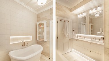 The spacious bathroom has a glamorous, classic-look presence. 