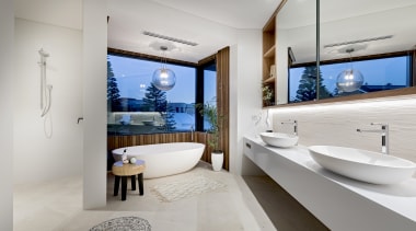 Urbane Projects – Highly Commended – 2019 TIDA architecture, bathroom, bathroom cabinet, bathtub, building, ceiling, floor, furniture, home, house, interior design, plumbing fixture, property, real estate, room, sink, tap, tile, wall, gray