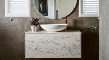 Annika Rowson – Highly Commended – 2019 TIDA architecture, bathroom, bathroom accessory, bathroom sink, bathtub, ceramic, floor, flooring, home, interior design, limestone, marble, material property, plumbing fixture, property, room, sink, tap, tile, wall, gray, black