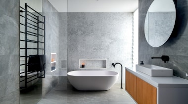 The Design Consultant – Highly Commended – 2019 architecture, bathroom, bathtub, bidet, building, ceramic, floor, flooring, house, interior design, material property, plumbing fixture, property, room, sink, tap, tile, wall, gray