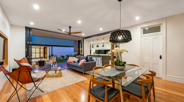 Dilapidated Victorian home receives contemporary open-plan addition ceiling, dining room, hardwood, home, house, interior design, living room, property, real estate, room, gray