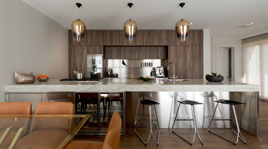 Stainless steel is a prominent surface in this bar stool, building, cabinetry, ceiling, countertop, design, dining room, floor, flooring, furniture, hardwood, home, house, interior design, kitchen, laminate flooring, light fixture, property, real estate, room, stool, table, wood, wood flooring, gray, brown