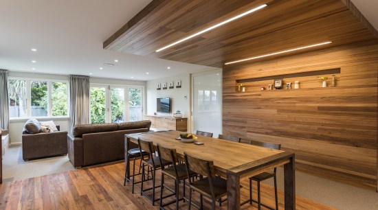 ​​​​​​​With an existing lounge window replaced with bifold timber ceiling, floor, flooring, hardwood, house, interior design, living room, dining table, wood, wood flooring, open plan living, Higham Architects