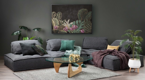 A lot of the time rug selection comes coffee table, couch, floor, furniture, green, house, houseplant, interior design, living room, plant, purple, room, table, tree, wall, black, gray