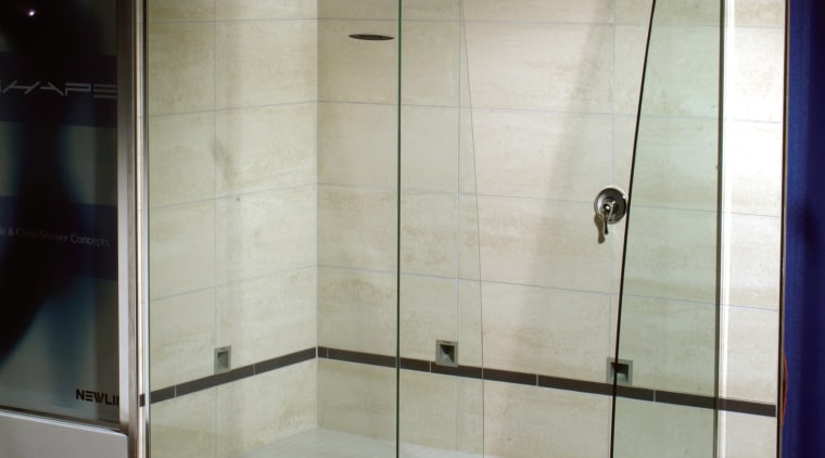 The view of a glass shower stall - bathroom, glass, plumbing fixture, shower, gray, black