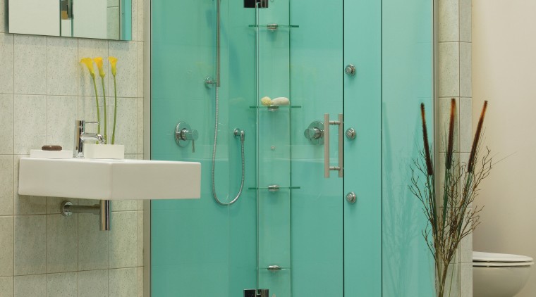The view of a shower - The view bathroom, plumbing fixture, shower, shower door, teal, yellow