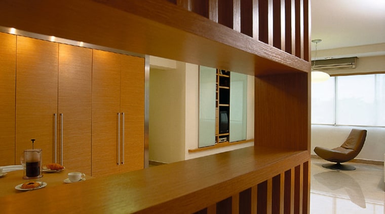 Close-up view of the wooden feature wall, Kitchen architecture, cabinetry, ceiling, flooring, furniture, hardwood, interior design, lobby, wood, brown
