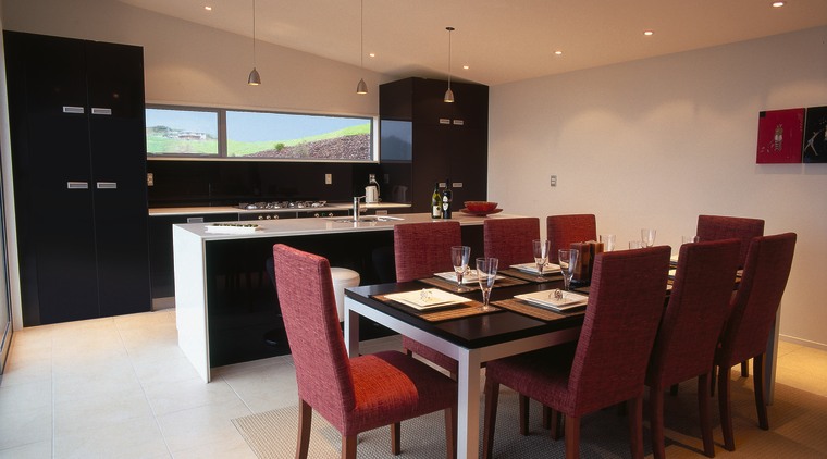 Kitchen and dining area with black and white dining room, flooring, interior design, kitchen, property, real estate, room, table