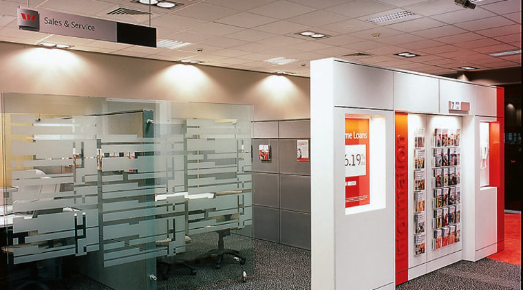 Westpac bank's new interior. Westpac's corporate colors are ceiling, exhibition, floor, interior design, gray