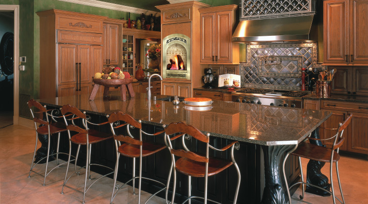 Antique looking kitchen. 5 stools around the island. cabinetry, countertop, dining room, floor, flooring, hardwood, interior design, kitchen, room, table, wood flooring, brown