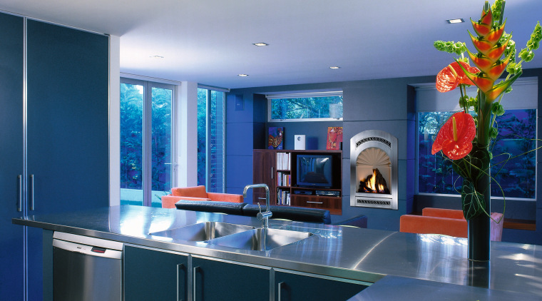 Kitchen with stainless steel countertops, double sinks and ceiling, countertop, interior design, kitchen, room, blue, gray