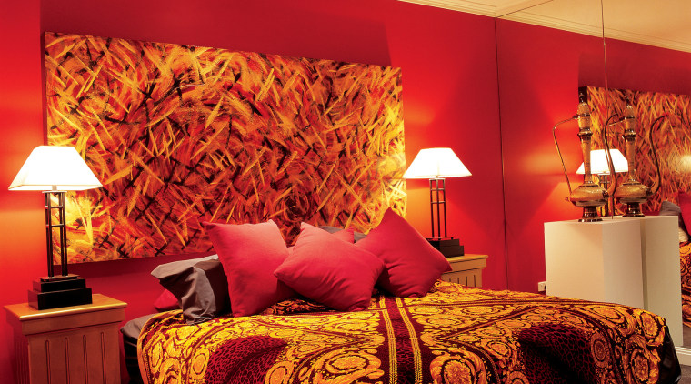 View of this bedroom - View of this bed sheet, bedroom, ceiling, interior design, modern art, orange, room, suite, wall, red, orange