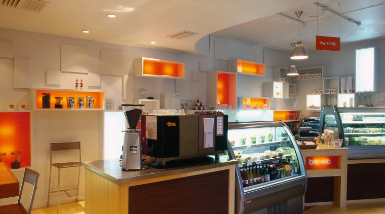 Counter area of food bar with timber cabinets, ceiling, interior design, kitchen, brown, orange
