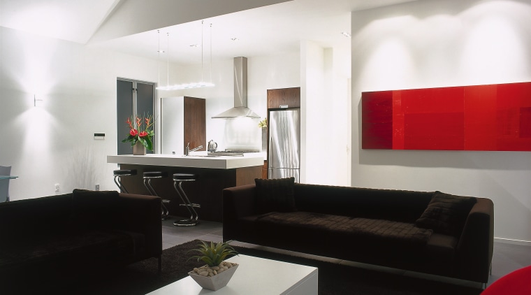 A living room featuring linear architectural light fittings. architecture, ceiling, furniture, interior design, interior designer, living room, loft, product design, room, table, white, black, gray