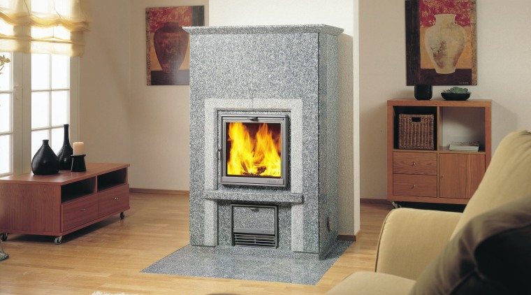A Stellaria Grigo fireplace with two shades of fireplace, hearth, heat, home appliance, stove, wood burning stove, gray, brown