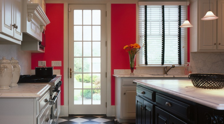Kitchen with bold color scheme. Hot pink and cabinetry, ceiling, countertop, cuisine classique, daylighting, floor, flooring, hardwood, home, interior design, kitchen, real estate, room, tile, window, gray