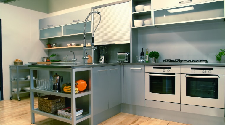 A semi-industrial looking kitchen featuring the latest Bosch countertop, home appliance, interior design, kitchen, orange, gray