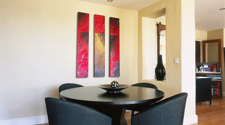 View of the dining area. Features tub chairs apartment, chair, dining room, floor, flooring, furniture, interior design, living room, property, real estate, room, table, wall, white