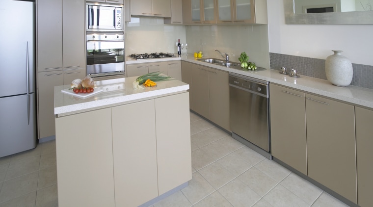 Kitchen with sand coloured cabinetry, and stone look countertop, cuisine classique, floor, flooring, kitchen, property, real estate, room, gray