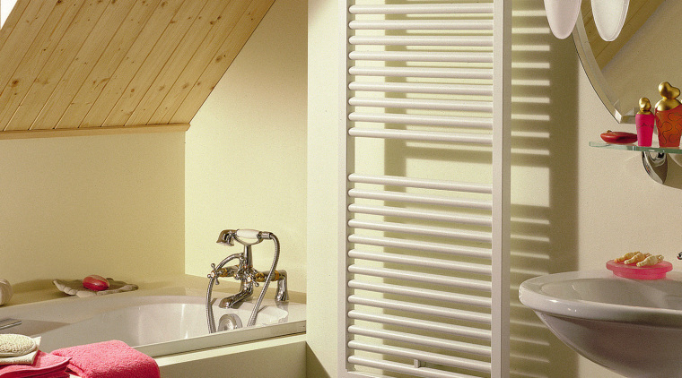 View of the towel radiator from Zehnder America architecture, bathroom, ceiling, daylighting, floor, home, house, interior design, room, wall, window, wood, brown