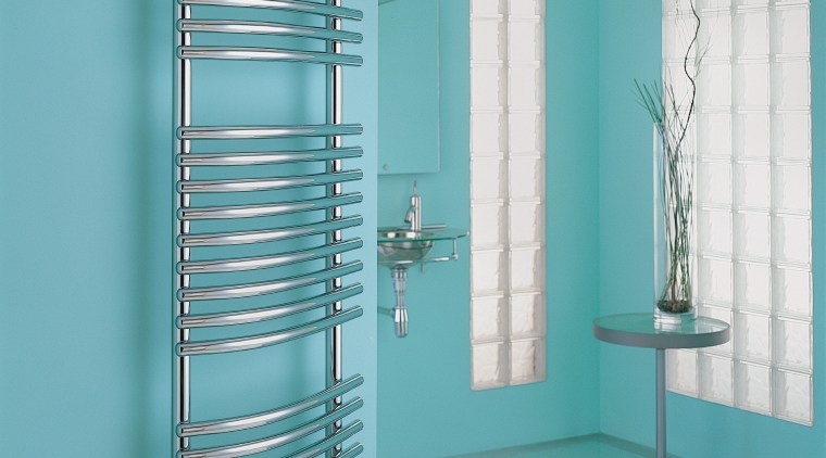 View of the towel rail from Myson Inc glass, product, product design, structure, window covering, teal
