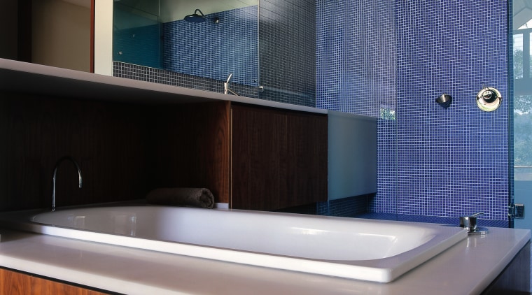 View of the bathroom of this home - bathroom, countertop, daylighting, glass, interior design, kitchen, sink, tile, gray, black