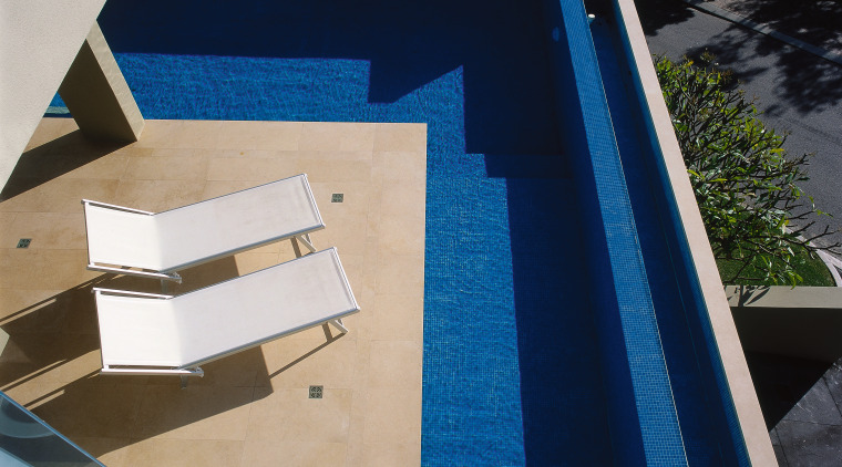 View of the pool area on balcony, with angle, architecture, daylighting, facade, floor, glass, house, line, property, roof, wood, gray, black