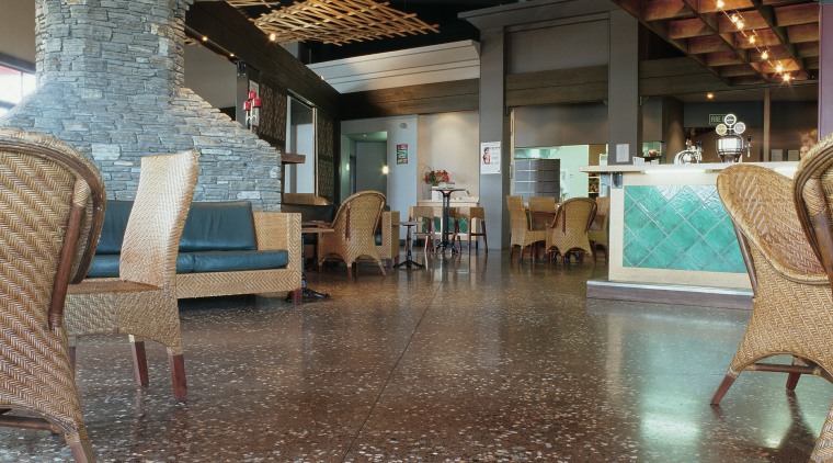 View of the hospitality area - View of ceiling, floor, flooring, interior design, lobby, brown, black, gray