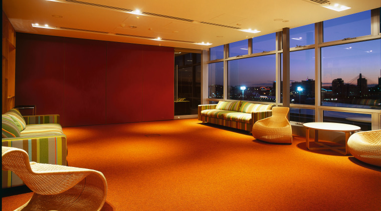 Office meeting room with striped couches and cane ceiling, interior design, lighting, lobby, brown