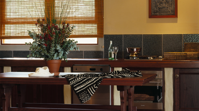 View of this kitchen - View of this cabinetry, desk, dining room, floor, flooring, furniture, hardwood, interior design, living room, room, table, wood, wood flooring, brown, black