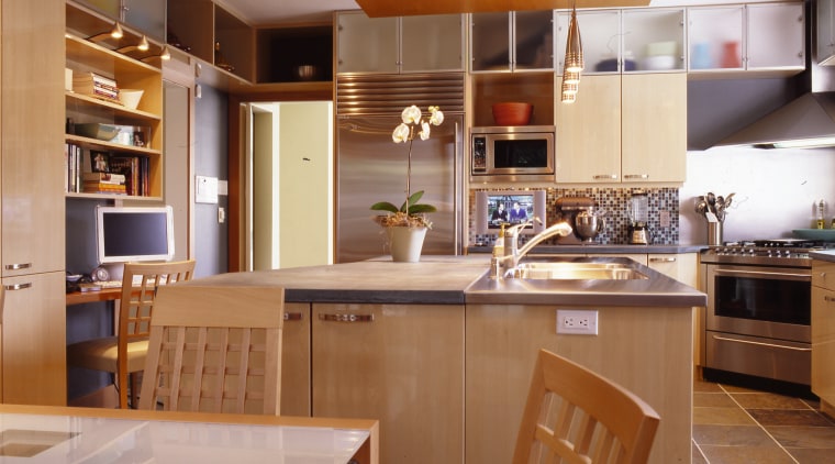 A contemporary kitchen &amp; dining area - A cabinetry, ceiling, countertop, cuisine classique, interior design, kitchen, real estate, room, brown