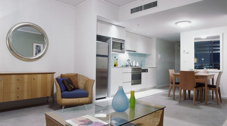Open plan lounge, kitchen and dining area with interior design, living room, real estate, room, gray