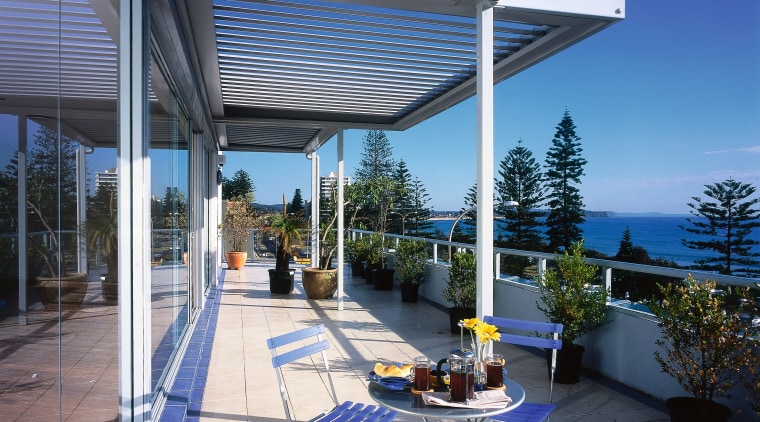 view of the vergola louvres on this daylighting, outdoor structure, property, real estate, roof, gray