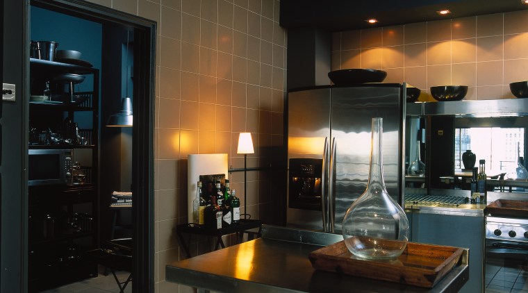 Kitchen with ceramic tiles on walls and floor, ceiling, countertop, interior design, kitchen, lighting, black