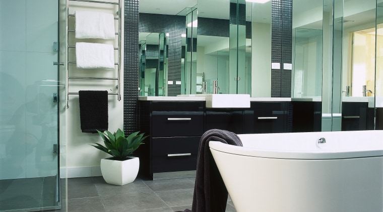 Interior view of the bathroom - Interior view bathroom, floor, flooring, glass, interior design, plumbing fixture, product design, tile, gray