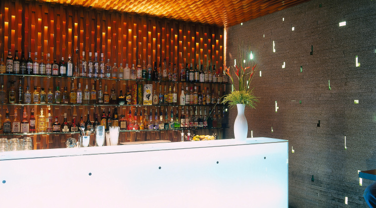 Restaurant bar with backlit polished glass, and timber architecture, interior design, lighting, wood, white
