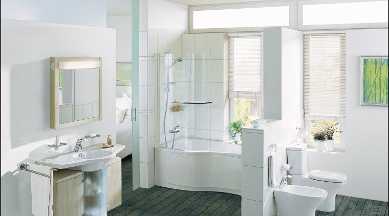 Examples of a freelance bathroom suite with a bathroom, bathroom accessory, bathroom cabinet, floor, flooring, interior design, plumbing fixture, room, sink, tile, gray, white