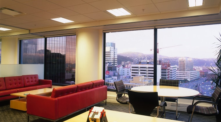 View of a office, carpet, large square windows, ceiling, interior design, office, real estate, window, brown