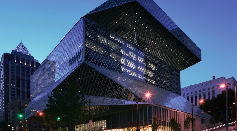 Exterior view of the large architectually designed Seattle architecture, building, city, cityscape, commercial building, condominium, convention center, corporate headquarters, daytime, downtown, evening, facade, headquarters, hotel, landmark, lighting, metropolis, metropolitan area, mixed use, night, reflection, sky, skyscraper, structure, tower block, urban area, blue, black