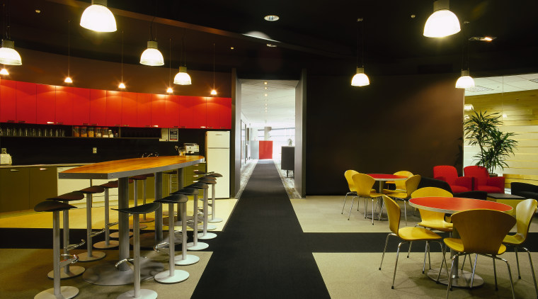 View of the kitchen, black and white floor, function hall, interior design, lighting, restaurant, table, black, brown
