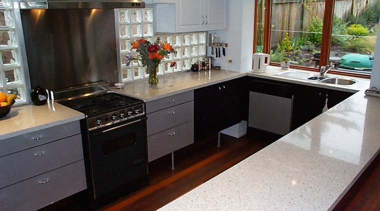 Kitchen with granite benchtop and new cabinet doors, cabinetry, countertop, kitchen, room, gray, black