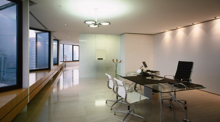 View of a office, marble and limestone floor, architecture, ceiling, conference hall, daylighting, floor, flooring, house, interior design, office, real estate, room, table, gray, brown