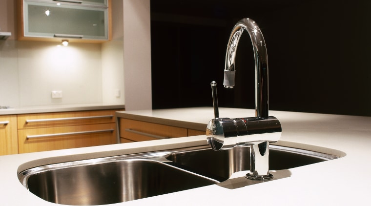 view of a polished stone benchtops - view countertop, interior design, kitchen, product design, sink, tap, under cabinet lighting, white, black