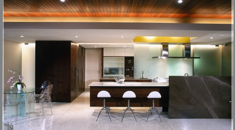 view of the kitchen dining area showing terazzo ceiling, interior design, lighting, lobby, gray, black