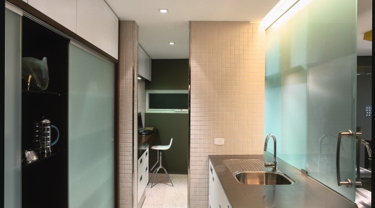 view of the rear half kitchen dhowing glass architecture, bathroom, cabinetry, ceiling, countertop, floor, interior design, kitchen, real estate, room, gray
