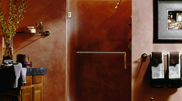 View of a bathroom, burnt orange walls, glass door, floor, furniture, interior design, wall, red, brown