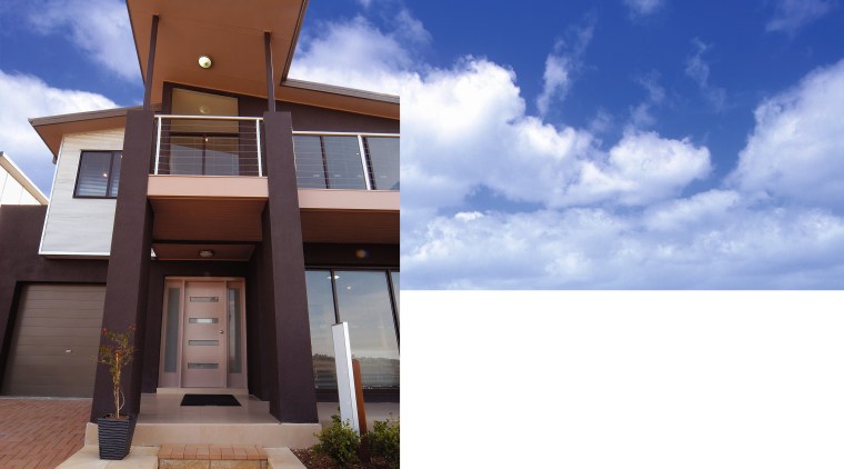 Exterior entranceway of house with brown cladding and architecture, building, elevation, facade, home, house, property, real estate, residential area, sky, blue