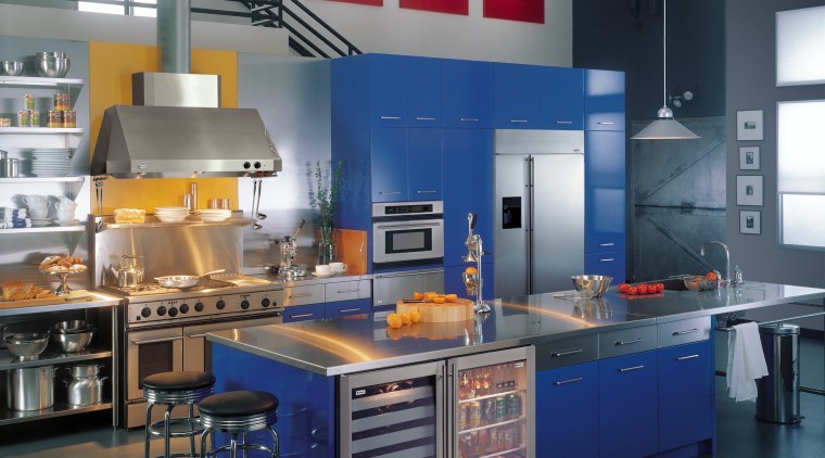 View of a kitchen, blue cabinetry, polished concrete countertop, interior design, kitchen, product, gray