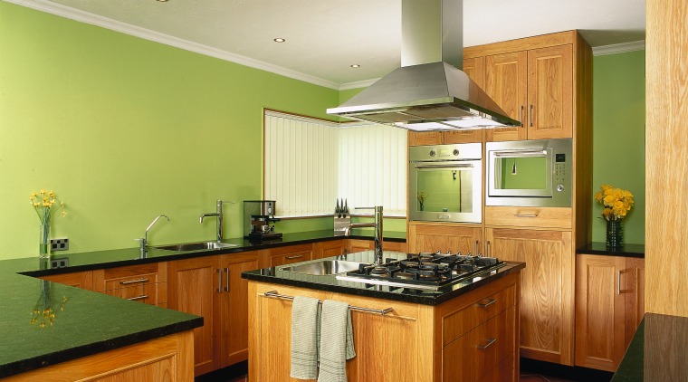 Kitchen with oak timber cabinetry, green granite benchtops, cabinetry, ceiling, countertop, cuisine classique, floor, flooring, hardwood, interior design, kitchen, real estate, room, wood flooring, brown, orange